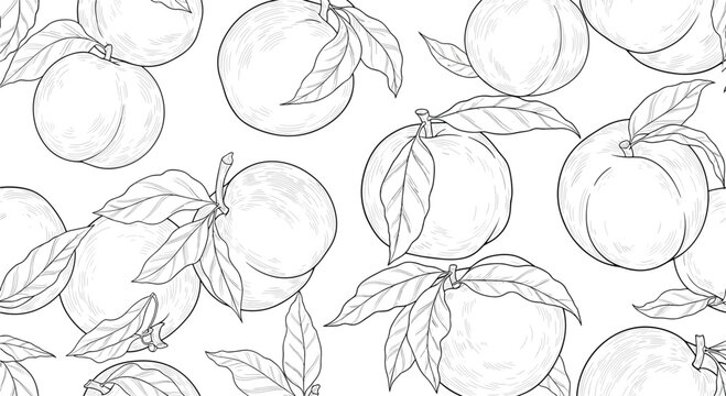 Seamless pattern of line-drawn peaches with leaves repeats across a white background to create a fresh and organic fruit theme.