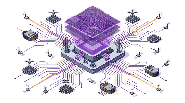 Digital technology concept with interconnected circuits and electronic components