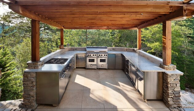sunny outdoor kitchen with stainless steel grill side burners surrounded by natural stone and wood pergola overlooking lush forest