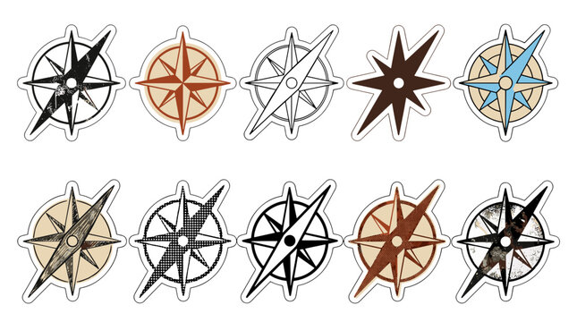 Collection of colorful nautical compasses with detailed designs and maritime theme