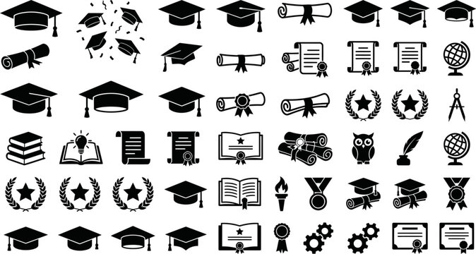 collection of black icons related to education and graduation on white background