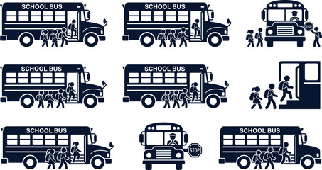 School bus icons with children getting on and off the bus in various scenes  school transportation © Badhon