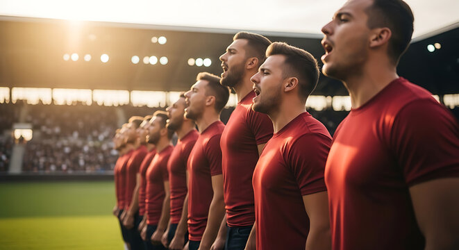 Soccer team standing in a row singing the national anthem on the pitch