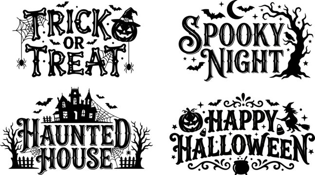 Halloween themed graphic designs with spooky text and symbols for trick or treat and haunted house