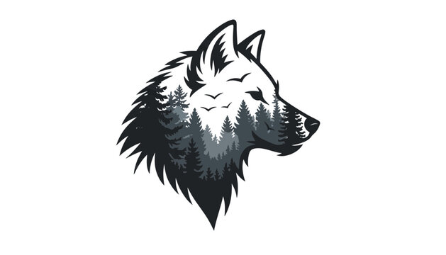 Wolf head silhouette with forest double exposure graphic