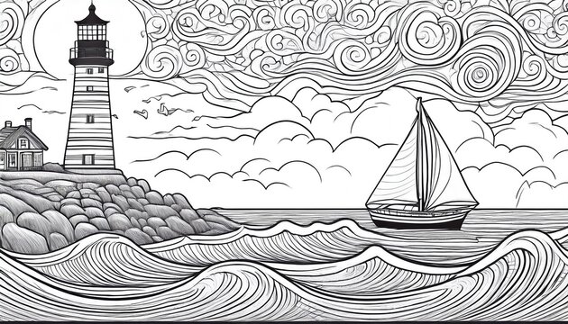 scenic lighthouse coloring page featuring a sailboat and waves