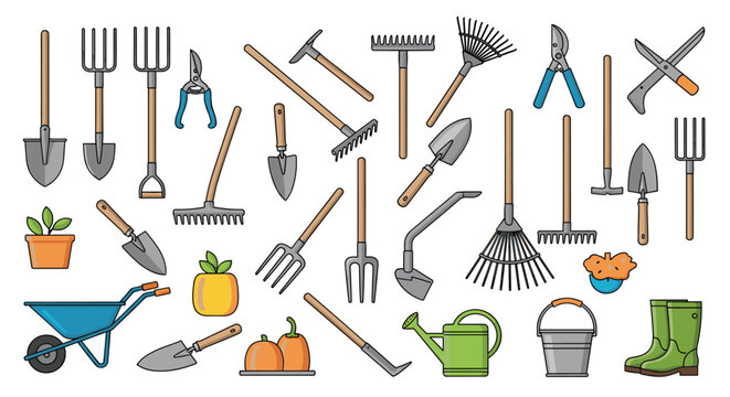 Large set of various gardening tools and equipment including shovels rakes watering can and a blue wheelbarrow.
