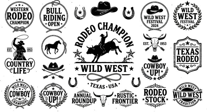 Rodeo champion and wild west festival vector graphic set with cowboy hats and bull riding icons