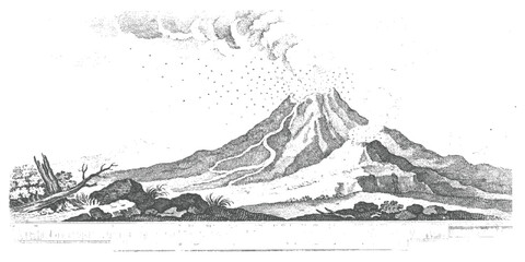 Vintage engraving illustration of an active erupting volcano with ash and smoke over landscape vector art. © Design House