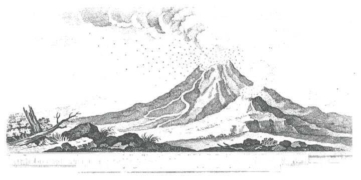 Vintage engraving illustration of an active erupting volcano with ash and smoke over landscape vector art.