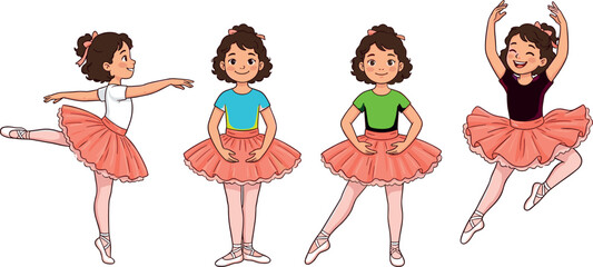 Cute little ballerina cartoon character set wearing pink tutu skirt practicing various dance positions isolated on white background. © Md