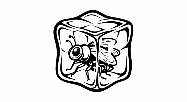 A black-and-white vector illustration of a fly on an ice cube with a prank water spray flower.