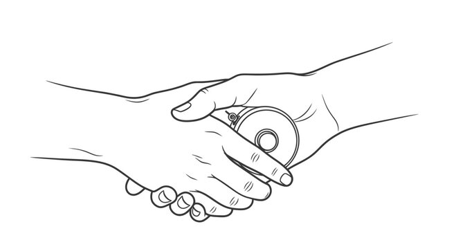 Two hands are shaking with a prank rubber chicken between them