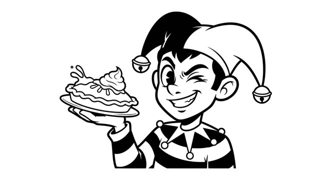 A black and white vector illustration of a smiling trickster holding a cake with frosting.