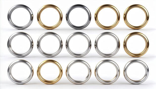 Collection of glossy gold and silver metallic rings icons on white background 白背景に整列した光沢のあるゴールドとシルバーのメタリックリングアイコンセット