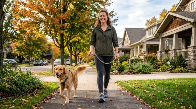 A woman is walking her golden retriever on a leaf-strewn path in a suburban neighborhood during autumn.