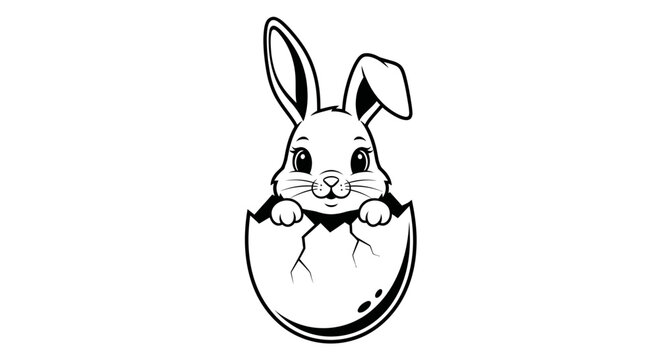 A bunny sits in a cracked eggshell basket full of eggs.