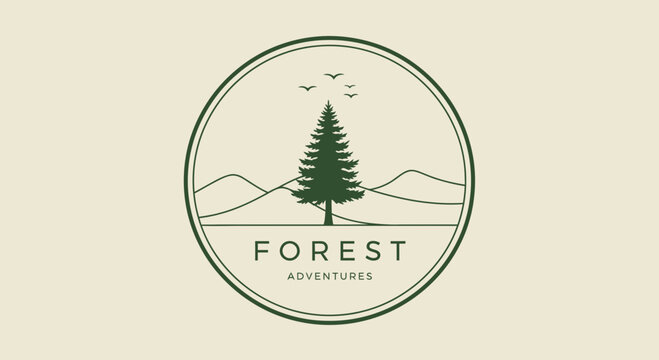 A minimalist icon of a pine tree in a circular frame with mountains and birds