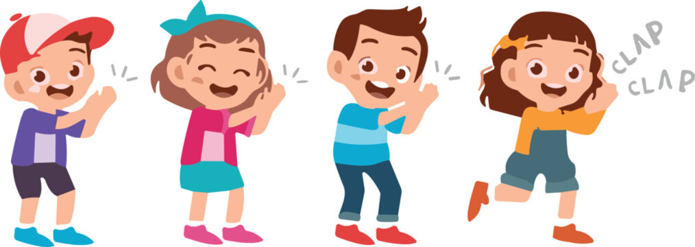 Group of happy cute cartoon kids clapping hands together celebrating achievement cheering and applauding vector illustration character set.