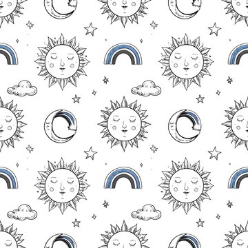 A seamless pattern featuring smiling suns, crescent moons, rainbows, clouds, and stars