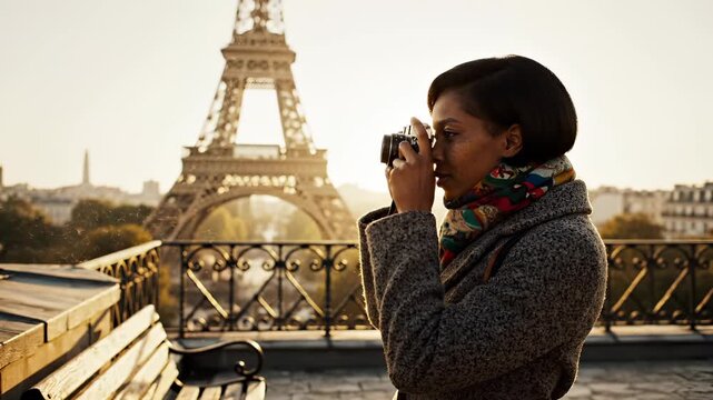 Woman photographer takes pictures of Eiffel Tower with vintage camera. Young female tourist enjoys view in Paris at sunset. Traveler uses camera near tower. Woman captures picture on terrace.