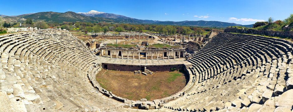 The Roman Theater in Aphrodisias - one of the best preserved ancient Hellenistic Greek city in the historic region of western Asia Minor, today's Anatolia. Geyre, Karacasu, Aydin, Turkey