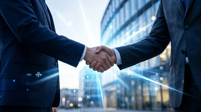 Close-up of two people in business suits shaking hands against a blurred architectural backdrop