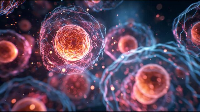 Futuristic human cell regeneration animation with glowing organic structures and dynamic cell division process.