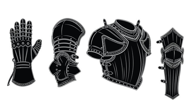 Medieval armor pieces including gauntlets and breastplate black silhouette