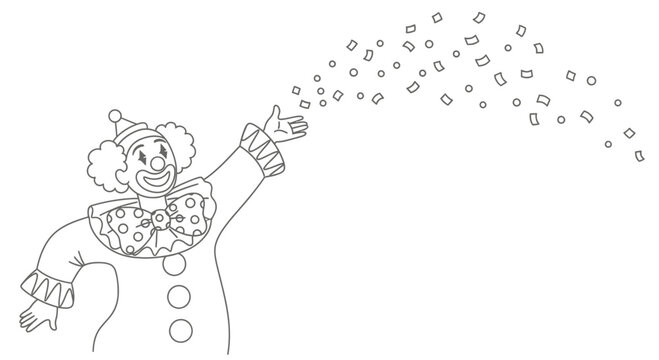 A clown character holds a prank horn and blows confetti in a playful scene.