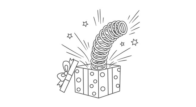 A line art illustration of a prank fake bug crawling out of a gift box with a bow.