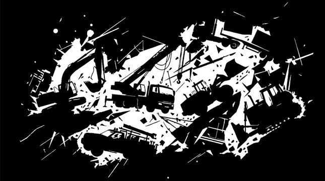 Black and white construction site machinery silhouette illustration.