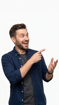 Happy Young Man Pointing to Side with Excited Expression