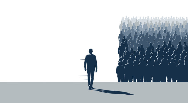 Lone Man Walking Away from Crowd, Silhouette, Individuality, Separation