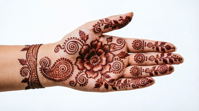Intricate Bridal Henna Mehndi Hand Designs with Floral and Paisley Patterns Isolated on White Background