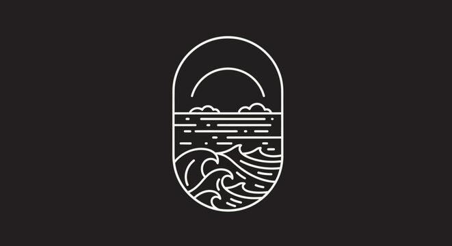 Minimalist illustration of an ocean sunset with waves and islands within an oval border against a black background