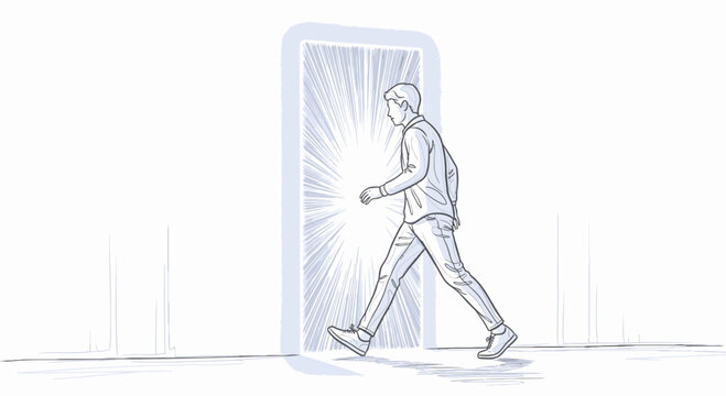 Man Walking Through Glowing Portal Doorway to New Opportunity