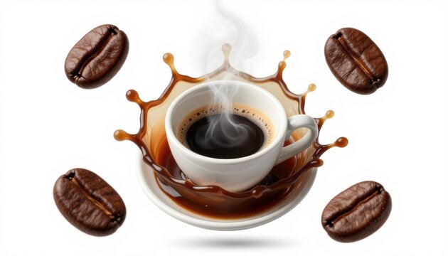 Coffee splash action  beverage photo white background close-up dynamic energy