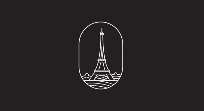 Minimalist logo icon featuring a stylized Paris tower landmark within an oval frame on a solid black background