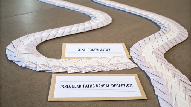 Paper paths illustrating themes of deception and confirmation, showcasing irregularity in design on a grey background