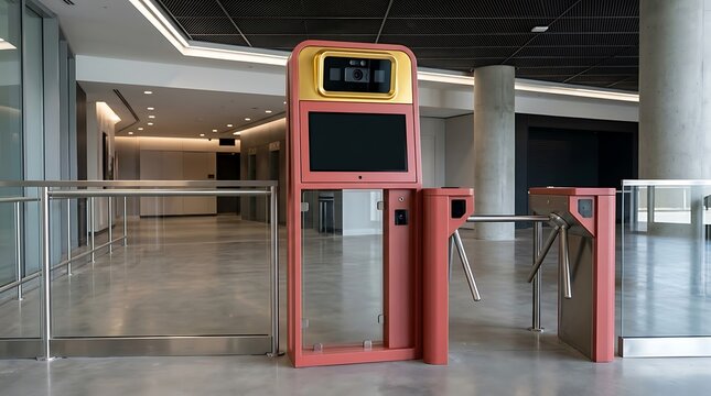 Empty facial recognition security gate in modern airport terminal interior with bright lighting