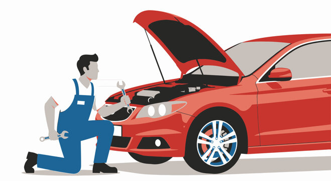 Mechanic kneels beside red car checking engine with tools nearby outside