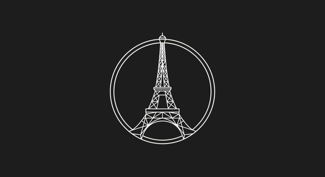 Minimalist monoline logo design of a famous French landmark tower in a circle on dark background