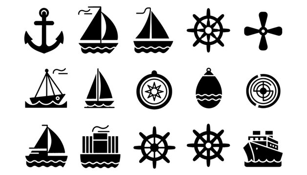 Nautical marine equipment and ship icons set with nautical