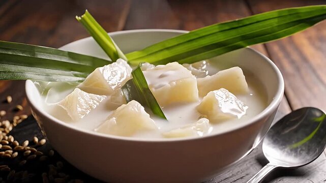 Coconut milk dessert with taro and pandan leaves.