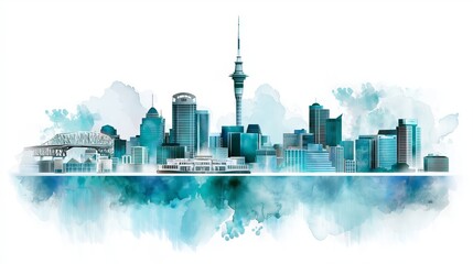 Fototapeta premium Watercolor illustration of modern city skyline with tall buildings and tower reflected in water with artistic blue and white tones