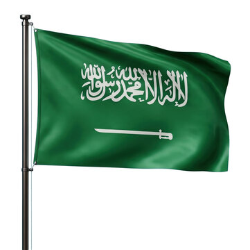Saudi Arabia flag waving on flagpole with Arabic script and sword symbol PNG Isolated on transparent background