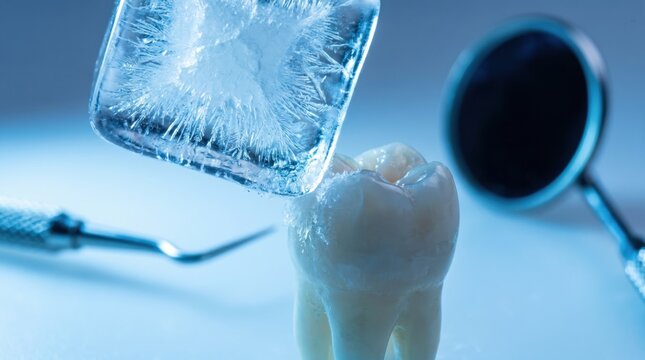 Ice cube touching molar representing tooth sensitivity