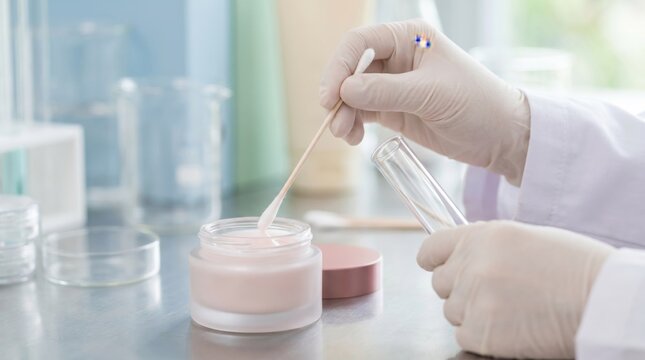 Lab technician swabbing cosmetic cream for dermatological testing