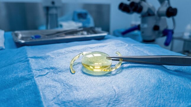 Intraocular lens on sterile blue drape in surgery